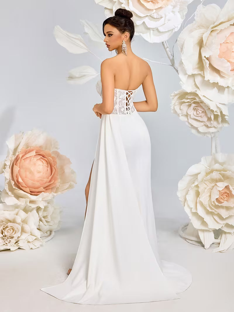 Women's Elegant Openwork Lace-Up Evening Gown with High Waist & Side Slit