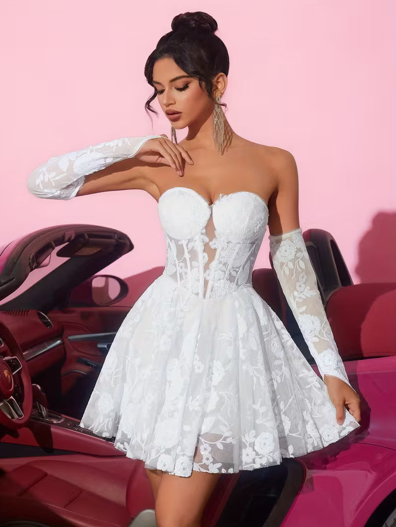 Women's Lace Embroidered Cami Mini Dress – Sweetheart Neckline A-Line Party Dress with Tie-Up Back