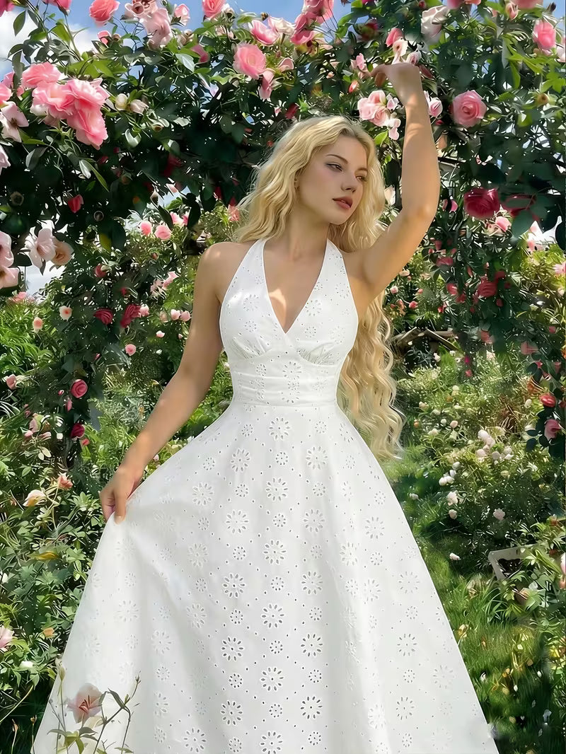 Women's White Halter Neck Embroidered Maxi Dress – Elegant V-Neck Vacation Gown