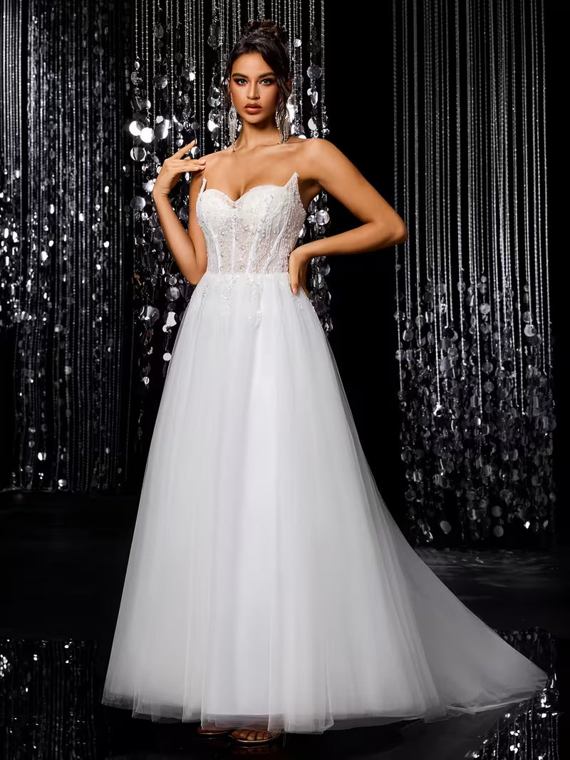 Women's Princess A-Line Wedding Dress – Sweetheart Neckline Beaded Bodice Tulle Ball Gown