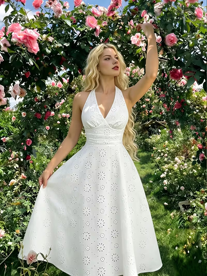 Women's White Halter Neck Embroidered Maxi Dress – Elegant V-Neck Vacation Gown