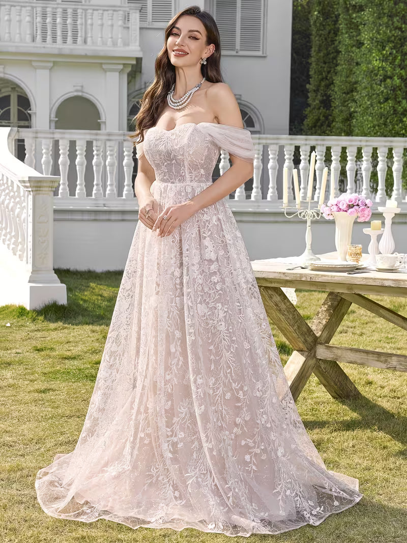 Women's White Floral Lace Bridesmaid Dress – Off-Shoulder with Crisscross Back