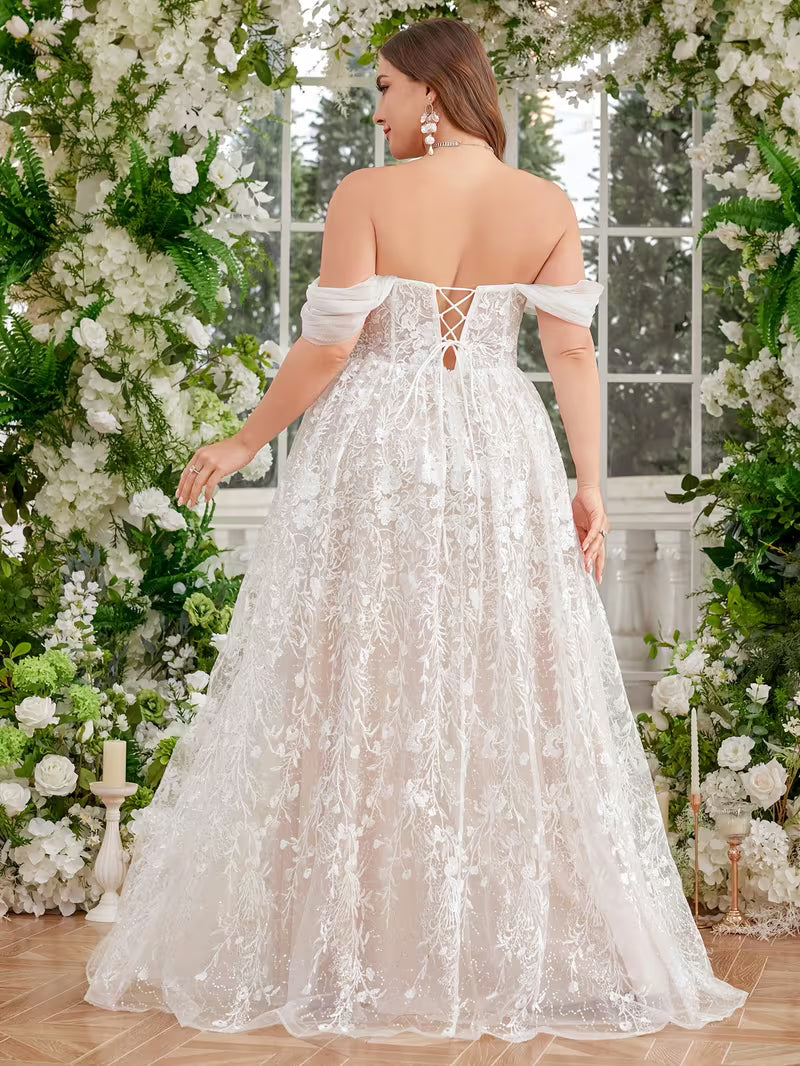 Plus Size White Wedding Dress for Women – Off-Shoulder Floral Lace Embroidered A-Line Evening Gown