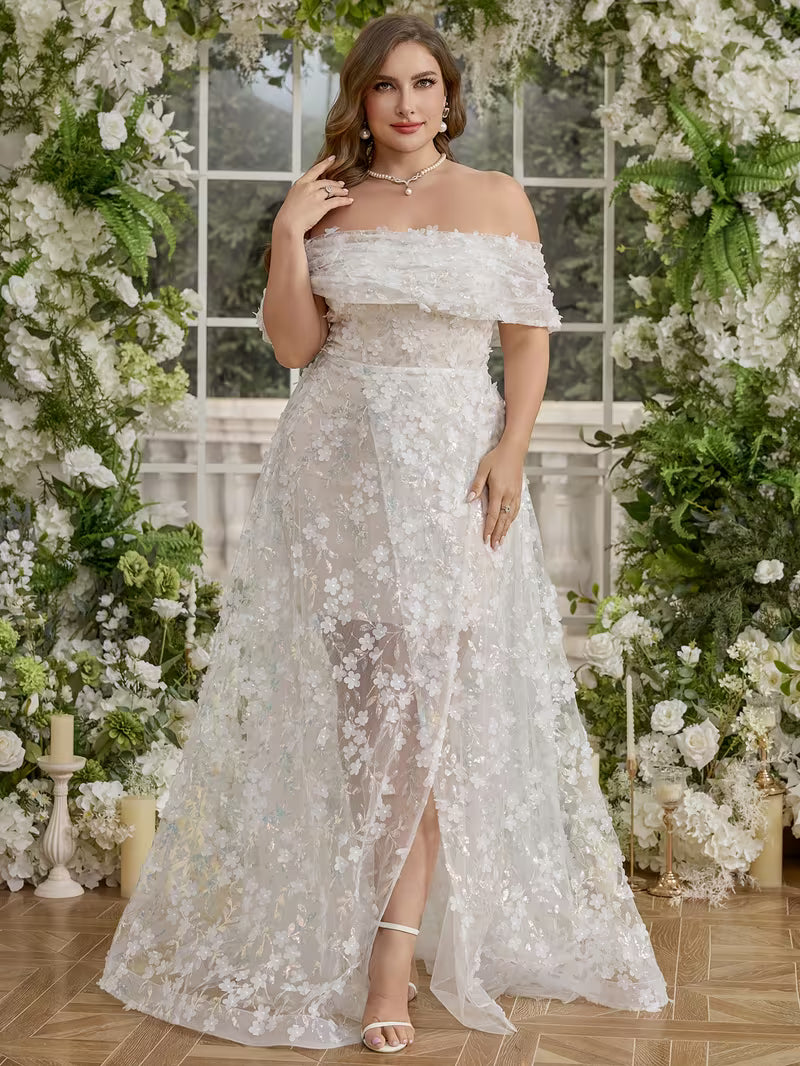 Plus Size Off-Shoulder Wedding Dress for Women – Elegant Waist-Cinching Gown with Thigh-High Slit