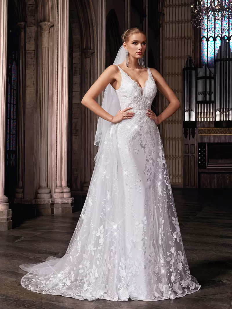 Women's Elegant Floral Embroidered Sleeveless Wedding Dress