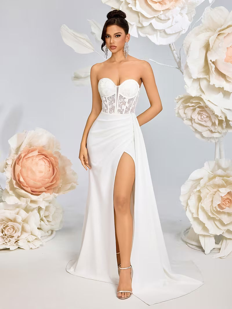 Women's Elegant Openwork Lace-Up Evening Gown with High Waist & Side Slit
