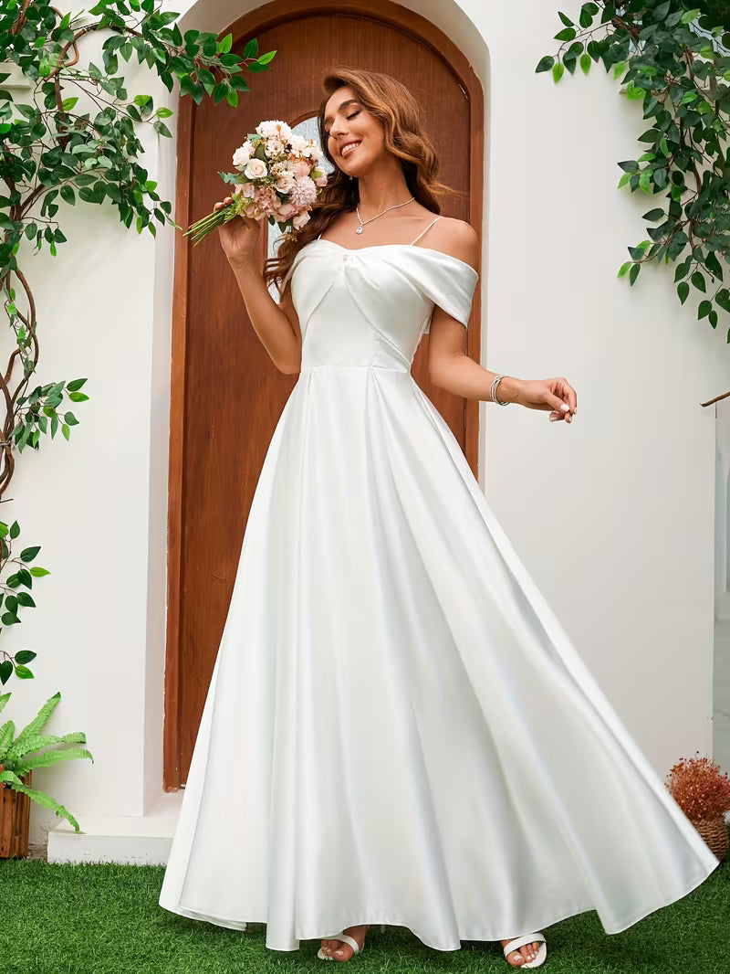 Women's Elegant Satin Wedding Dress – Off-Shoulder Bridal Gown with Statement Bow