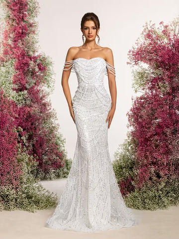 Women's White Strapless Mermaid Prom Dress – Beaded Sequin Bridal Gown with Full-Length Train