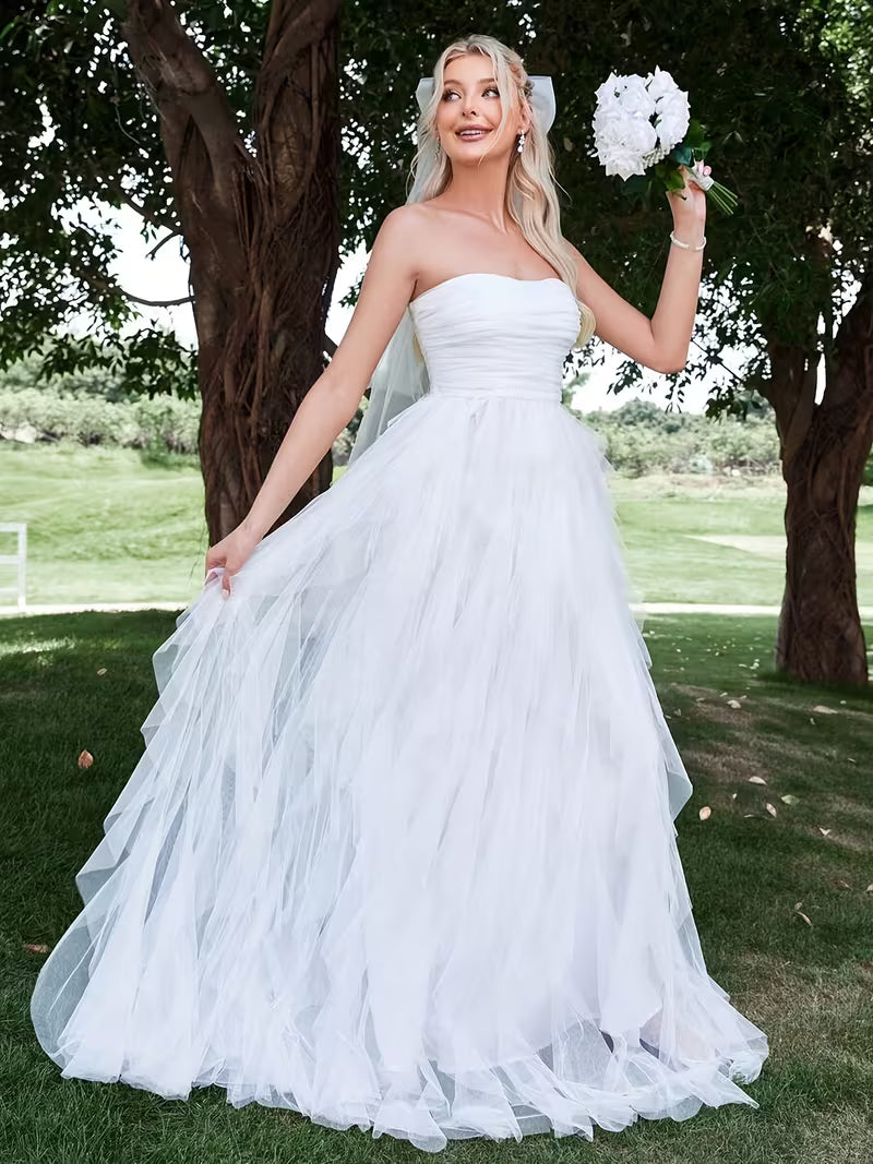 Women's Romantic Strapless Wedding Dress – Layered Ruffled Tulle A-Line Bridal Gown