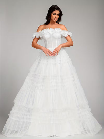 Women's Elegant White Tulle Wedding Dress – Lace Collar A-Line Bridal Gown with Puff Skirt