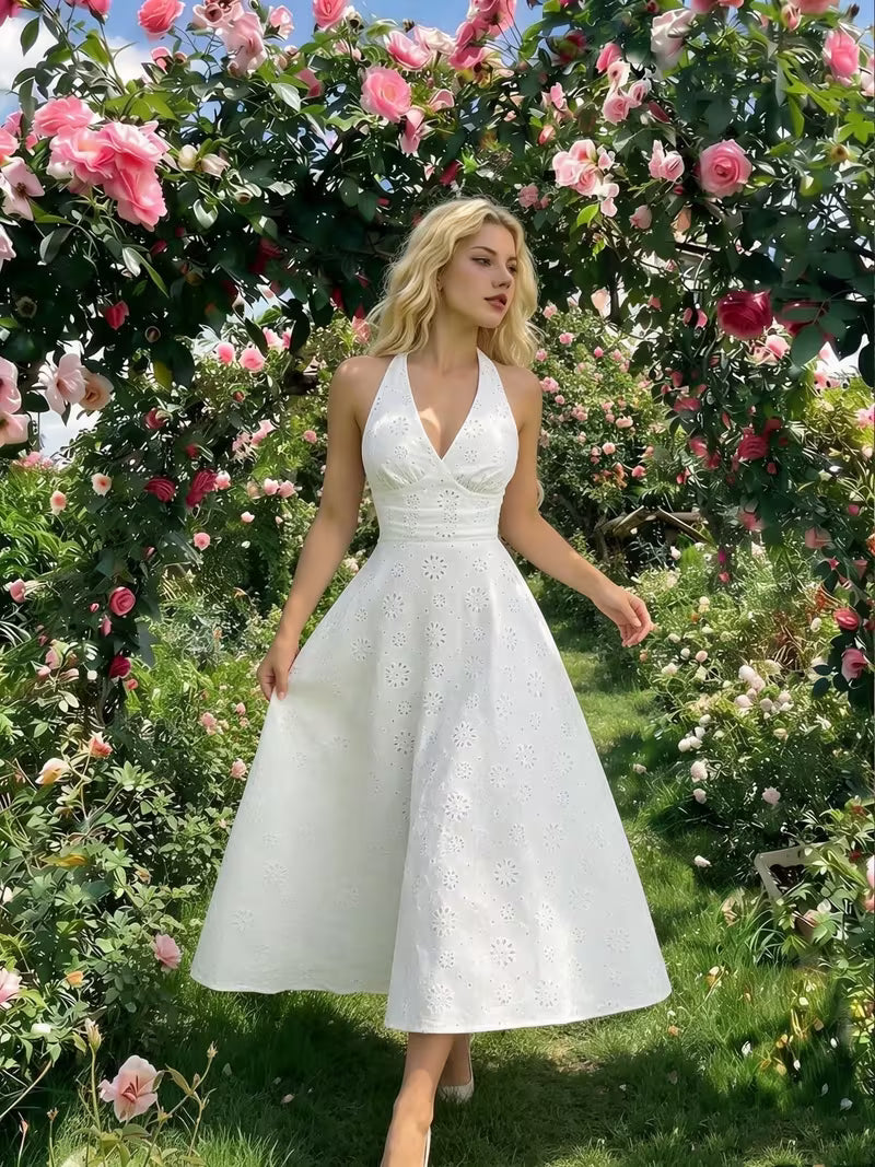 Women's White Halter Neck Embroidered Maxi Dress – Elegant V-Neck Vacation Gown