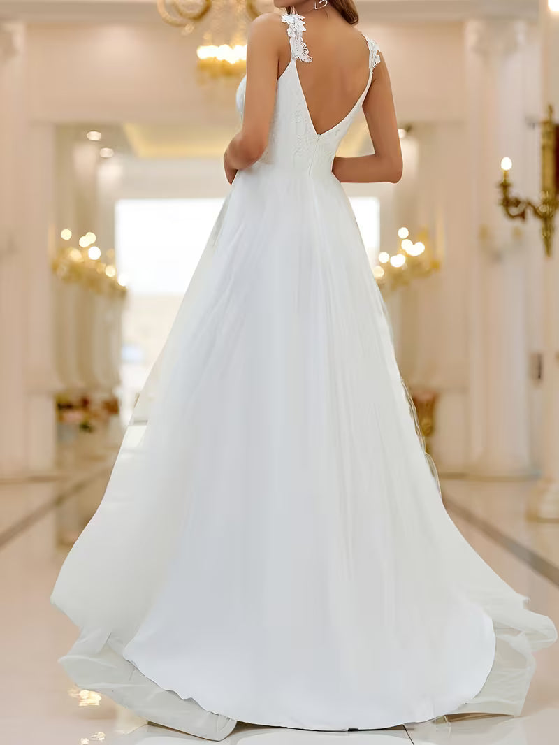 E-P Floral Embroidered Lace Mesh Spaghetti Strap Maxi Wedding Dress