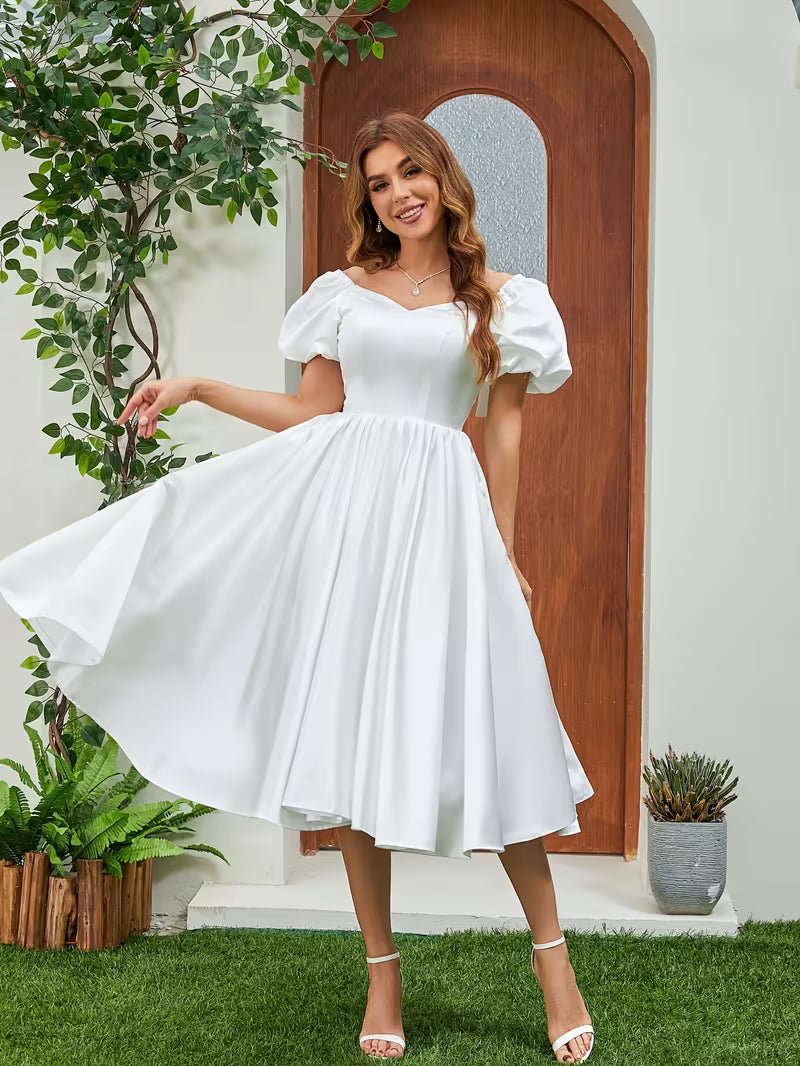 Women's Elegant Satin Wedding Dress with Puff Sleeves – Bridal &amp; Formal Prom Gown