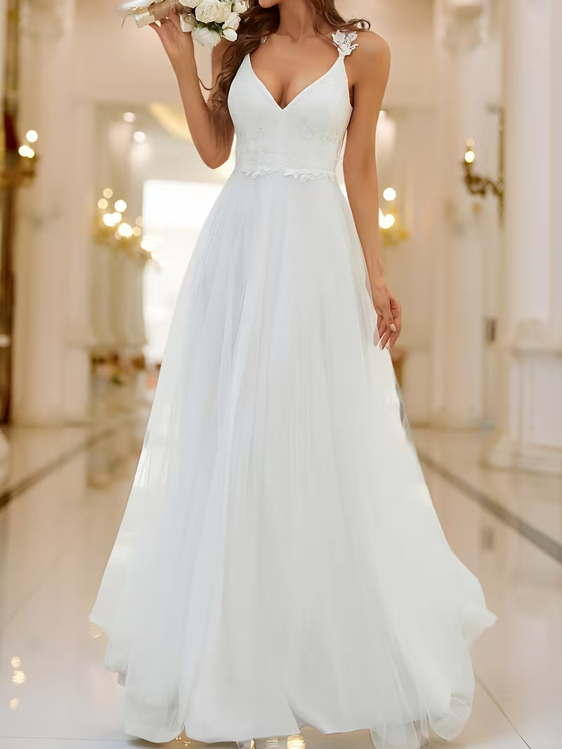 E-P Floral Embroidered Lace Mesh Spaghetti Strap Maxi Wedding Dress