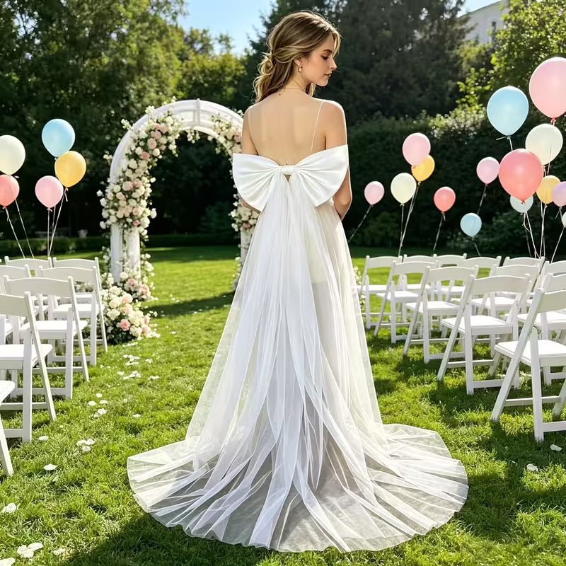 Women's Elegant Butterfly Train Wedding Dress – Floor-Length Bridal Gown with Oversized Back Bow