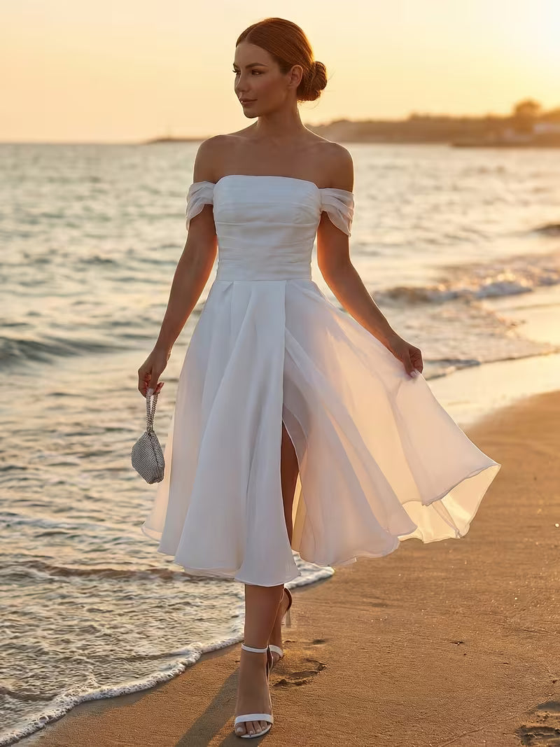 Women's Elegant Off-Shoulder Wedding Gown – Pleated Bodice White Bridal Dress with Side Slit