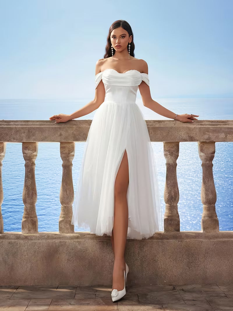 Women's Elegant One-Shoulder White Wedding Dress Gown with Flared Skirt