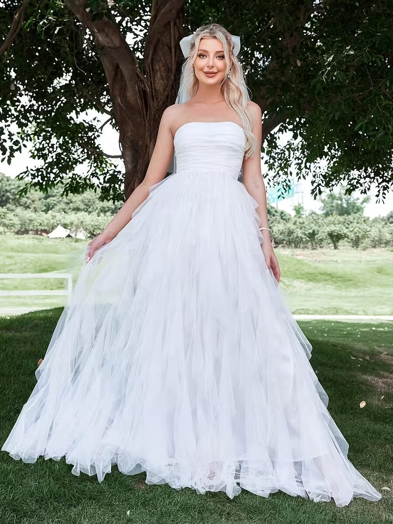 Women's Romantic Strapless Wedding Dress – Layered Ruffled Tulle A-Line Bridal Gown