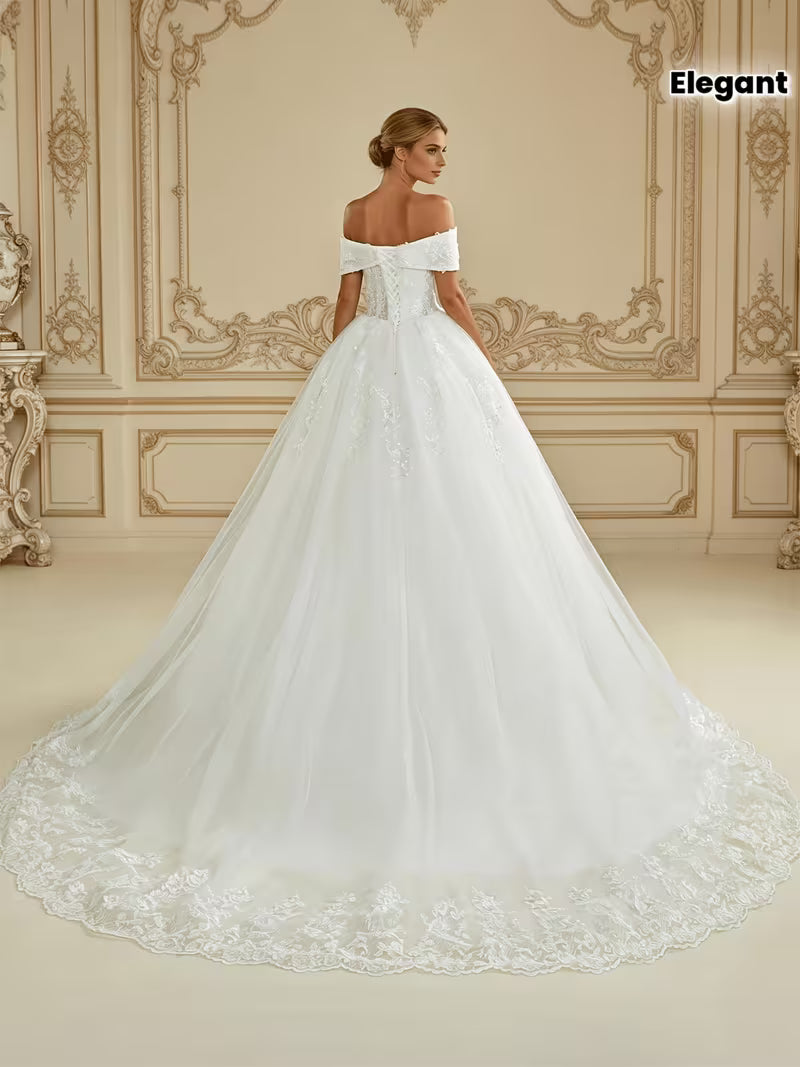 Elegant Off-Shoulder Wedding Dress with Beaded Appliqués & Sequined Mesh