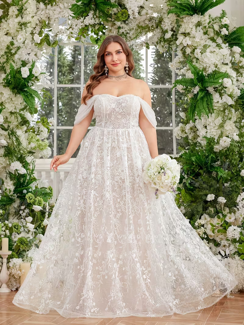 Plus Size White Wedding Dress for Women – Off-Shoulder Floral Lace Embroidered A-Line Evening Gown