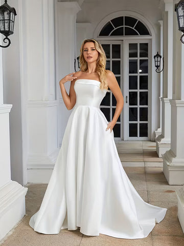 Women's Luxury Mikado Satin Wedding Dress – Strapless A-Line Bridal Gown with Off-Shoulder Detail