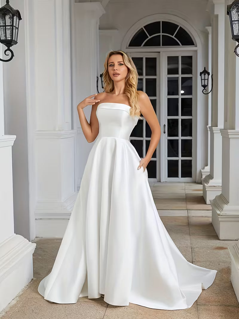 Women's Luxury Mikado Satin Wedding Dress – Strapless A-Line Bridal Gown with Off-Shoulder Detail