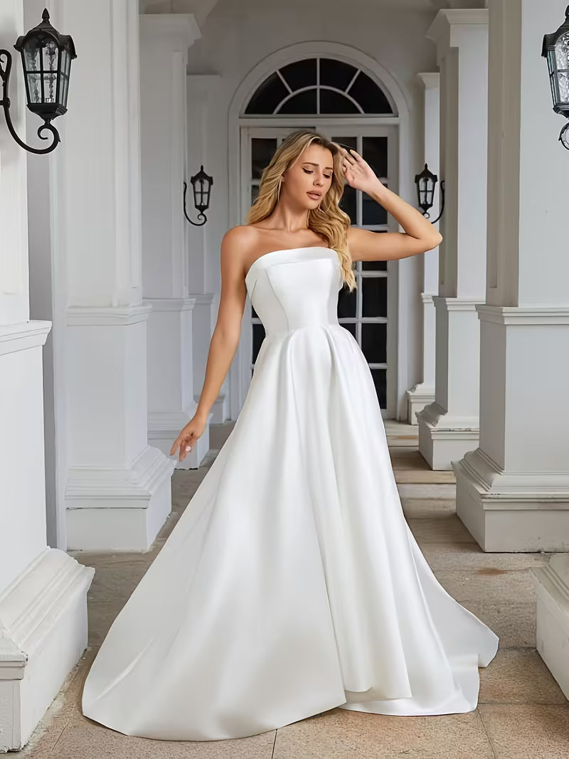 Women's Luxury Mikado Satin Wedding Dress – Strapless A-Line Bridal Gown with Off-Shoulder Detail