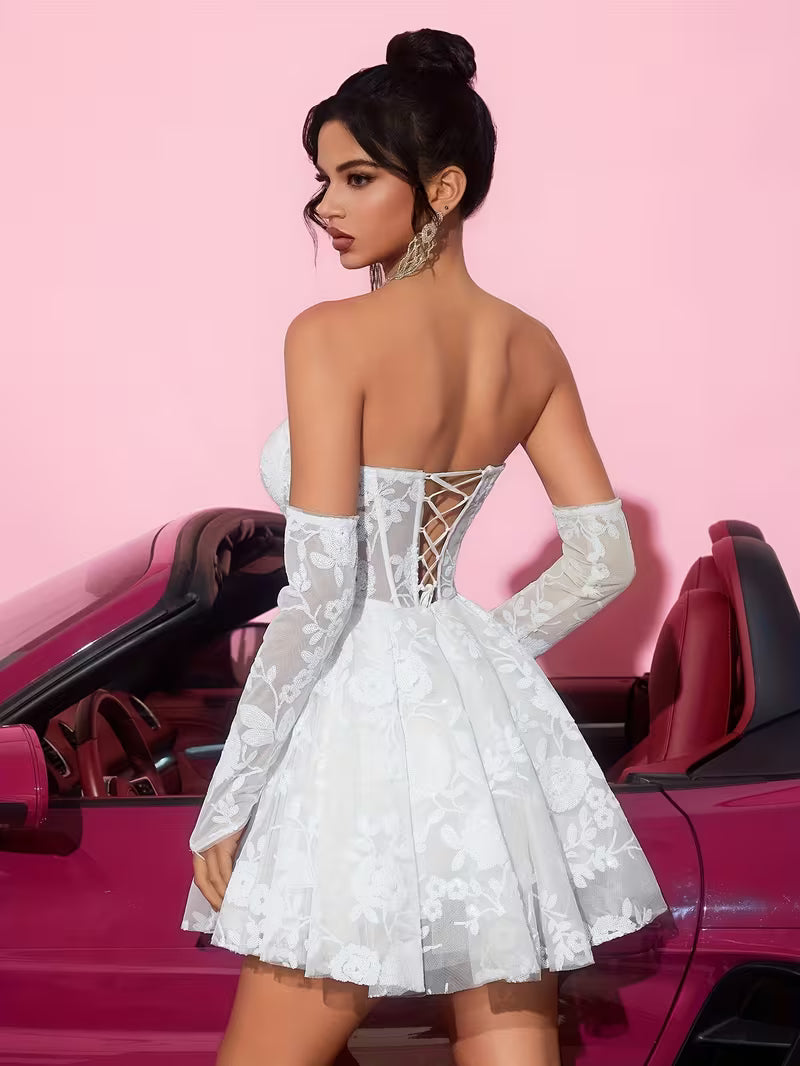 Women's Lace Embroidered Cami Mini Dress – Sweetheart Neckline A-Line Party Dress with Tie-Up Back